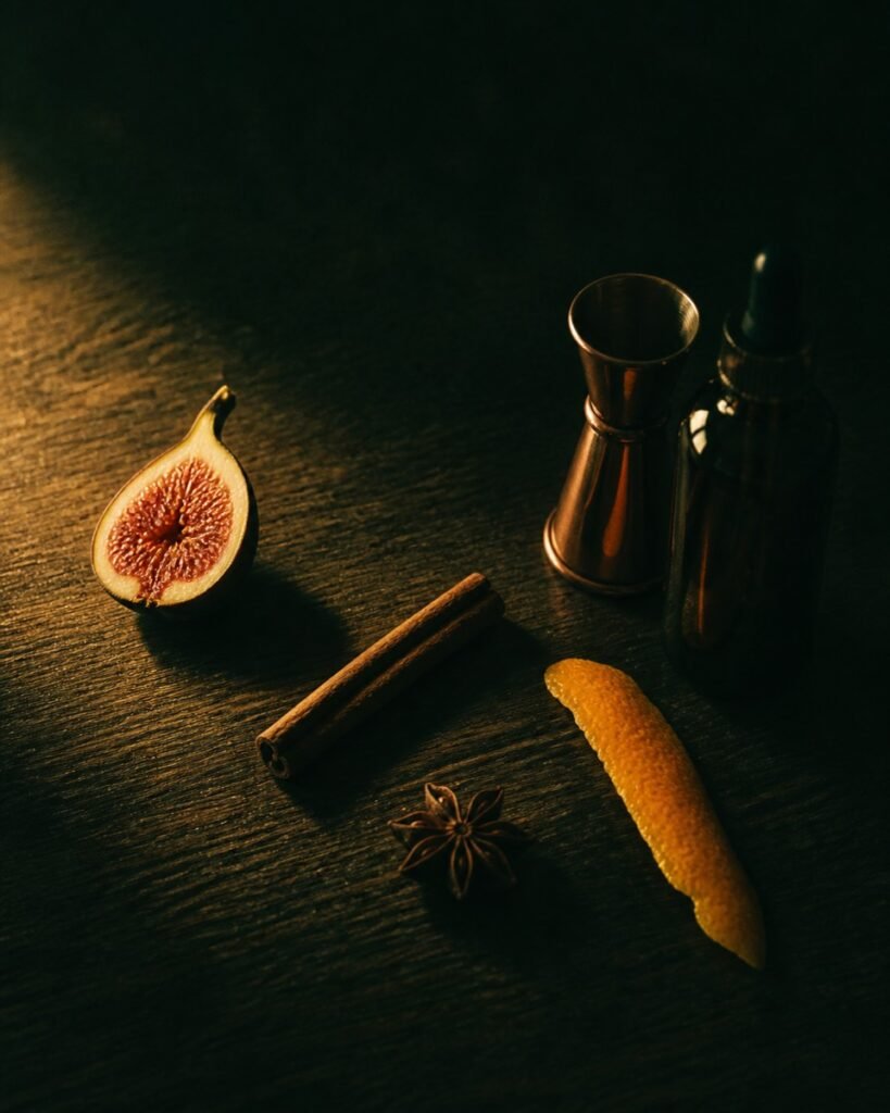 Fig, cinnamon, star anise and orange peel laid out on the bar for the autumn menu.