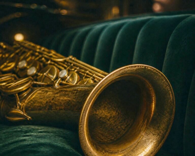 A brass tenor saxophone resting on a dark green velvet banquette.