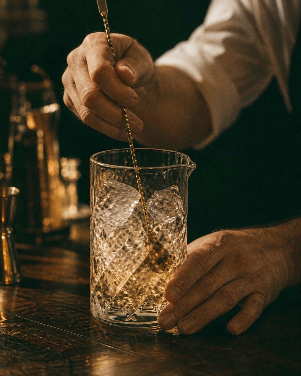 A bartender stirring a cocktail with a brass bar spoon in a cut-crystal mixing glass.