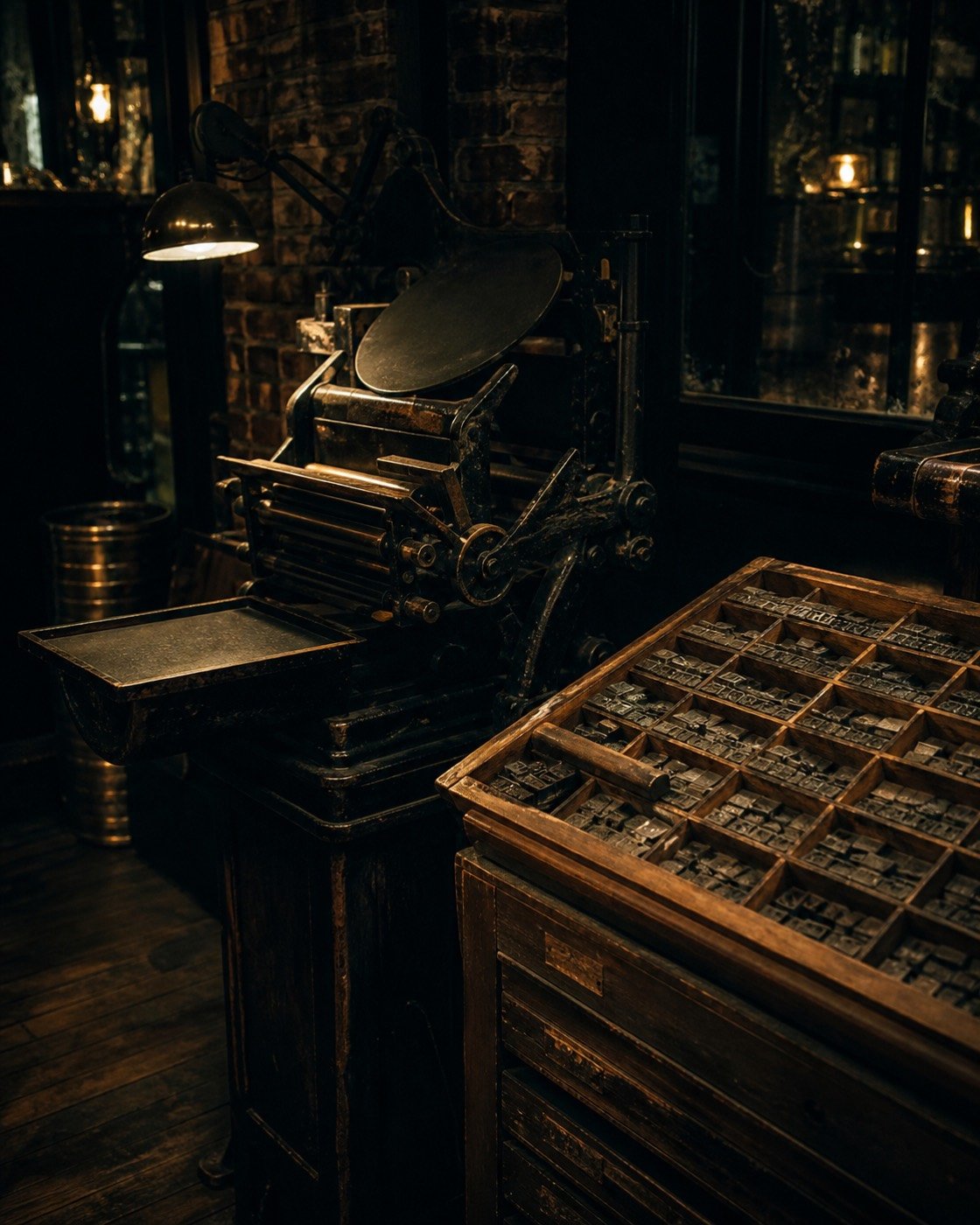 The building's original cast-iron letterpress and a tray of metal type, preserved in the back room.